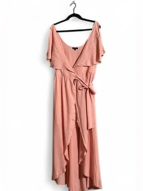 Verty Dress Sz L Peach Slit Sleeves Embroidered Collar Wrap Frt Flowy Coverup